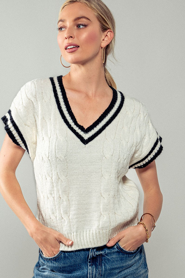 Varsity-Inspired Cable Knit Vest in Cream - Women's Wholesale Vests | Trend Notes