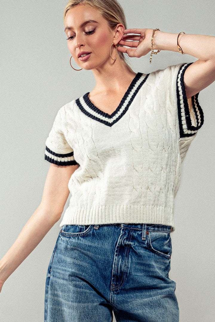 Varsity-Inspired Cable Knit Vest in Cream - Women's Wholesale Vests | Trend Notes