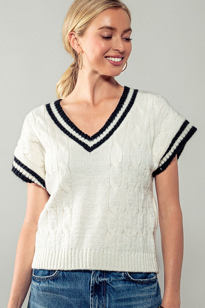 Varsity-Inspired Cable Knit Vest in Cream - Women's Wholesale Vests | Trend Notes