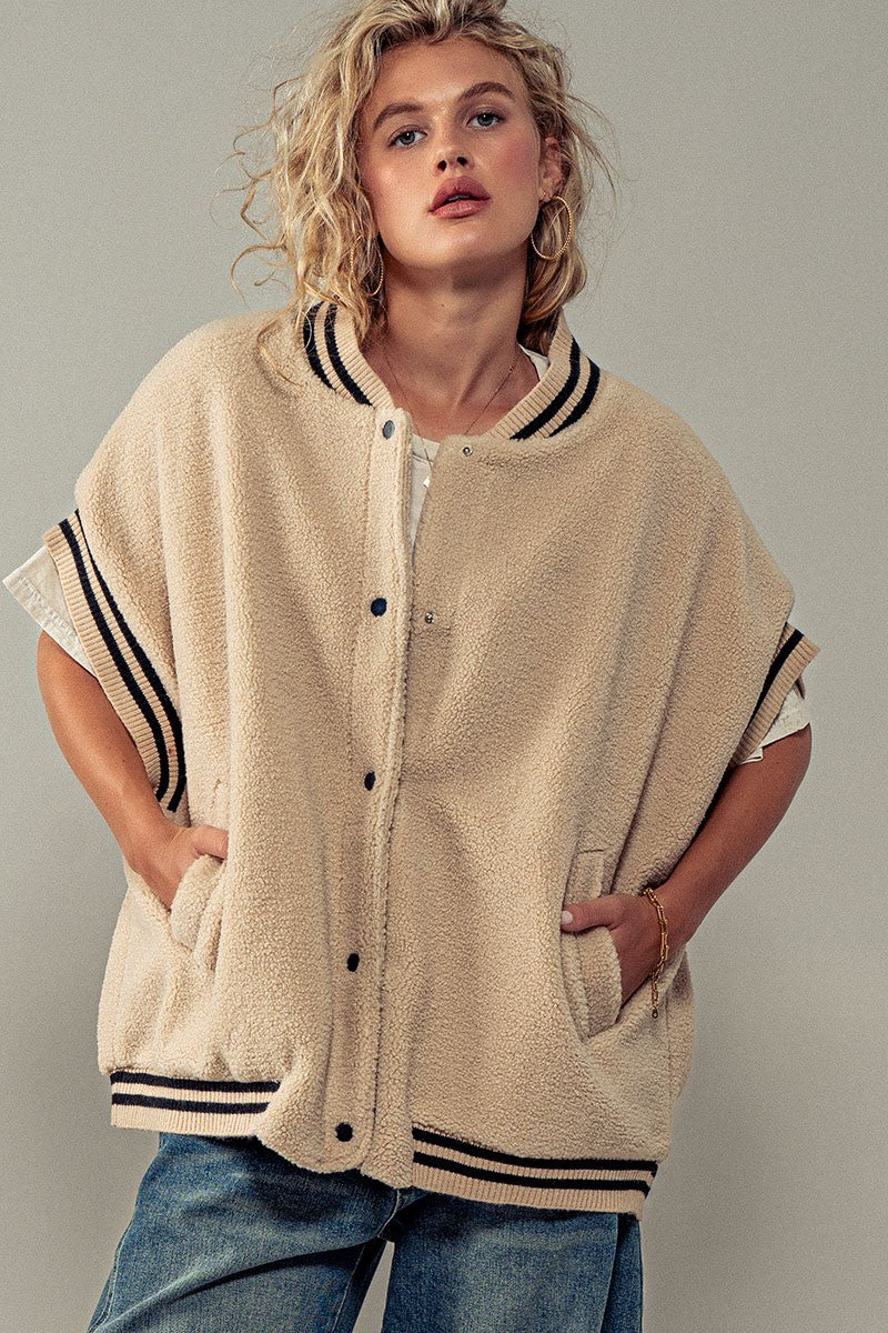 Fuzzy Varsity Vest in Beige - Women's Wholesale Vests | Trend Notes