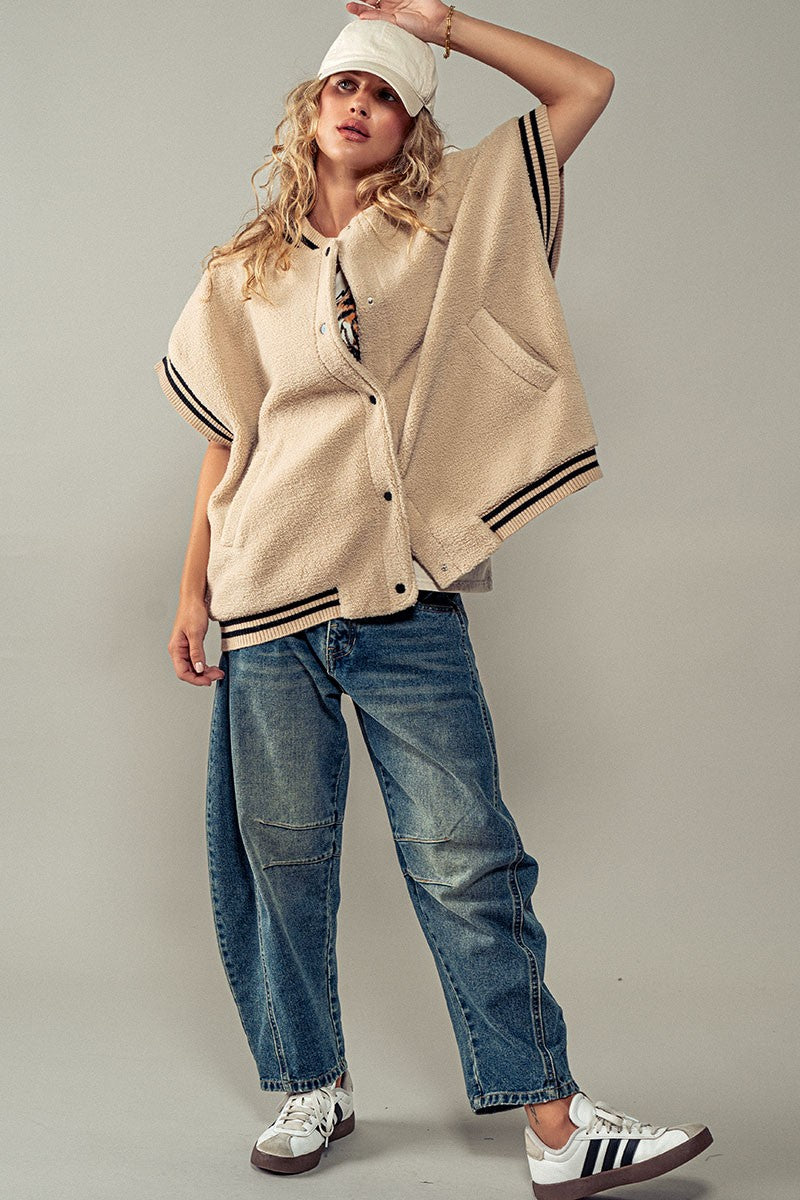 Fuzzy Varsity Vest in Beige - Women's Wholesale Vests | Trend Notes