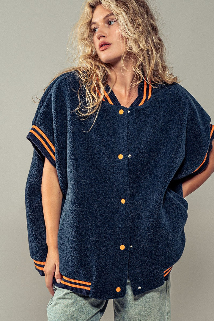 Fuzzy Varsity Vest in Navy - Women's Wholesale Vests | Trend Notes