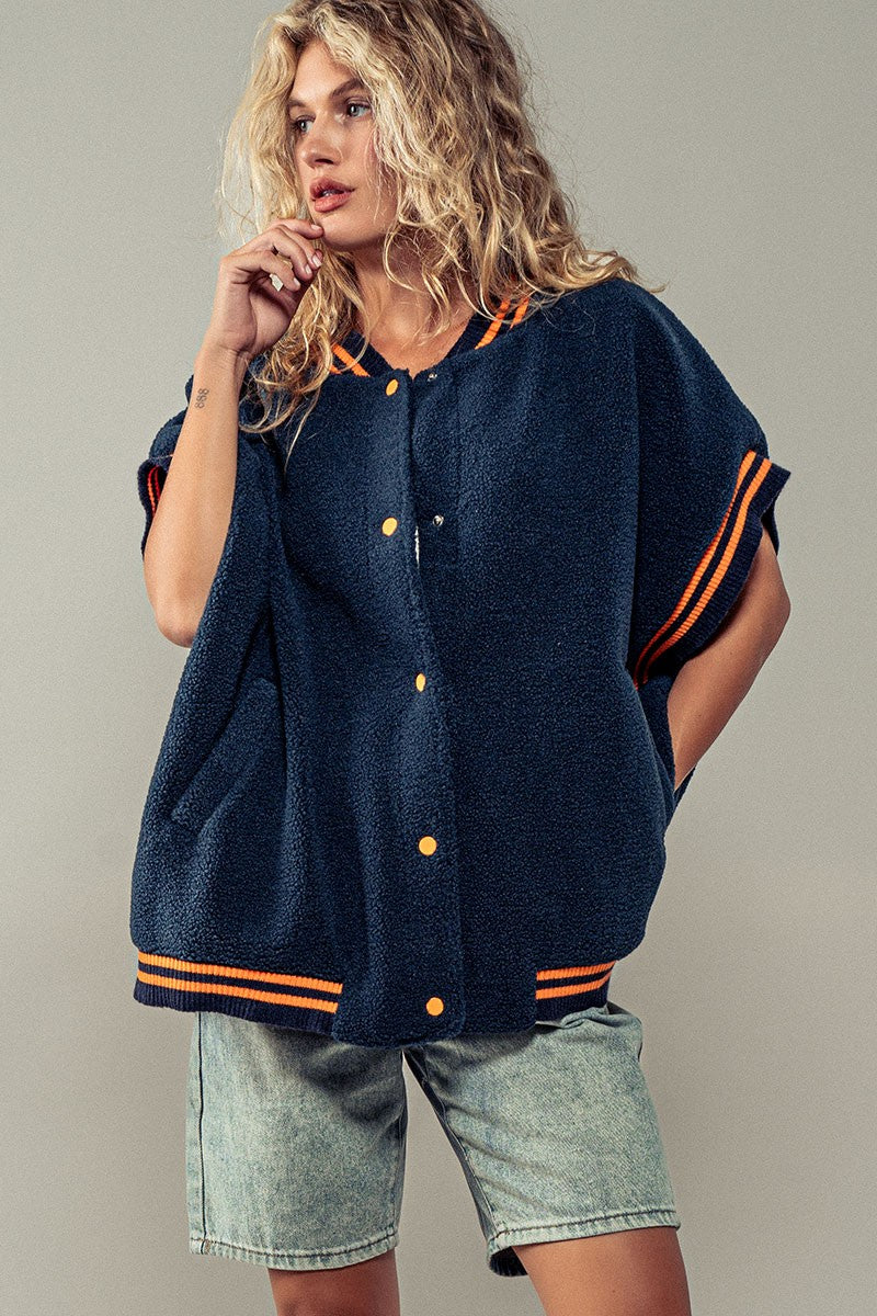 Fuzzy Varsity Vest in Navy - Women's Wholesale Vests | Trend Notes