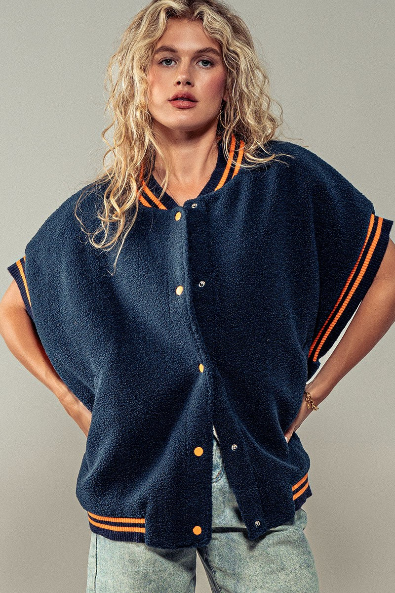 Fuzzy Varsity Vest in Navy - Women's Wholesale Vests | Trend Notes