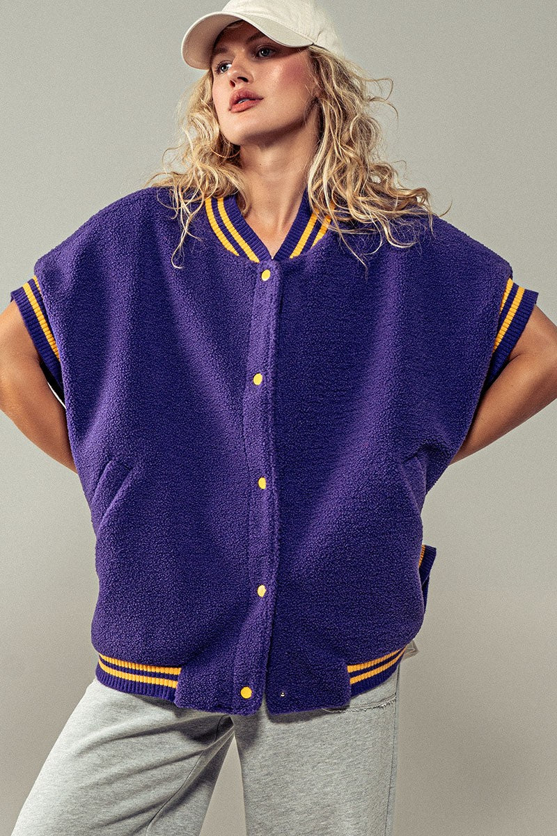 Fuzzy Varsity Vest in Purple - Women's Wholesale Vests | Trend Notes