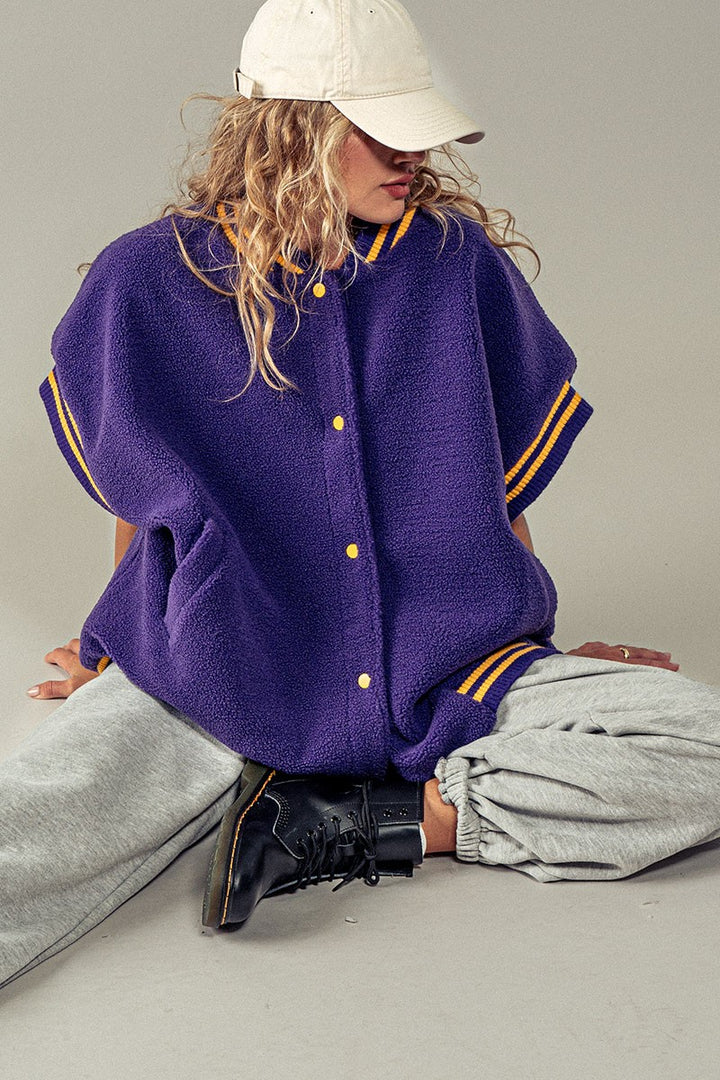 Fuzzy Varsity Vest in Purple - Women's Wholesale Vests | Trend Notes