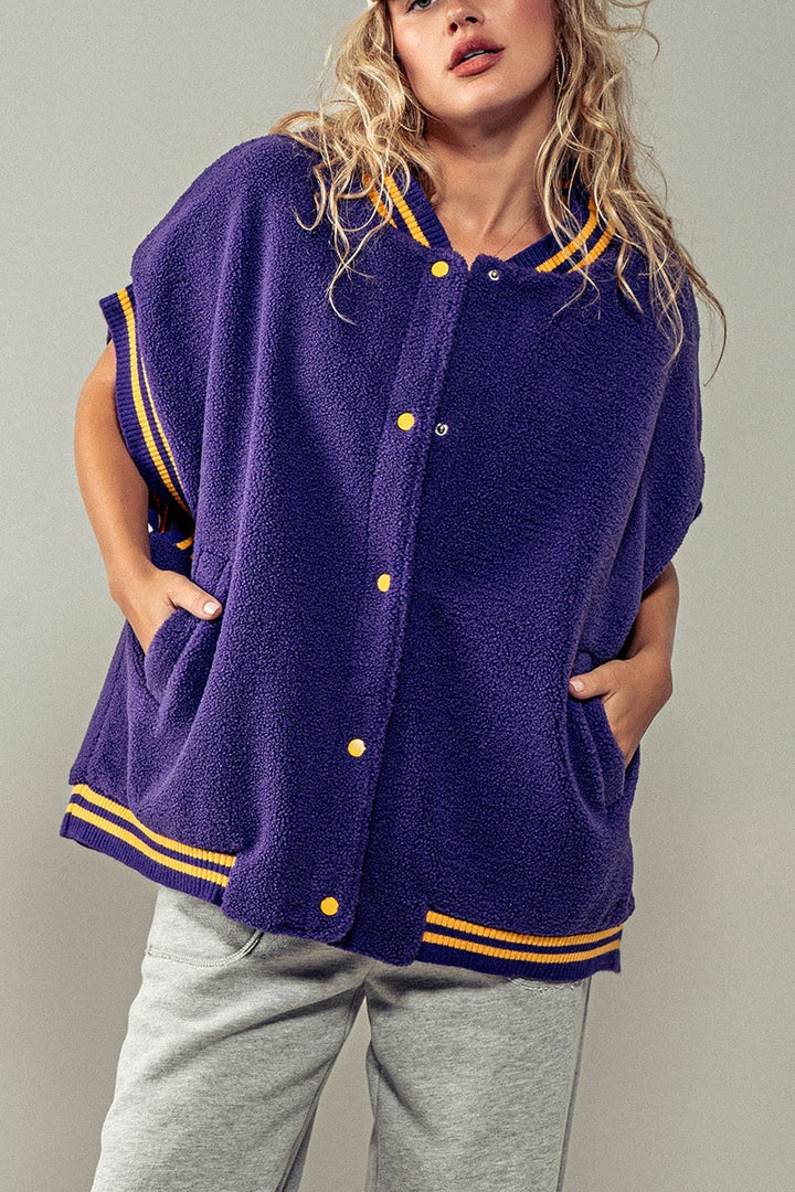 Fuzzy Varsity Vest in Purple - Women's Wholesale Vests | Trend Notes