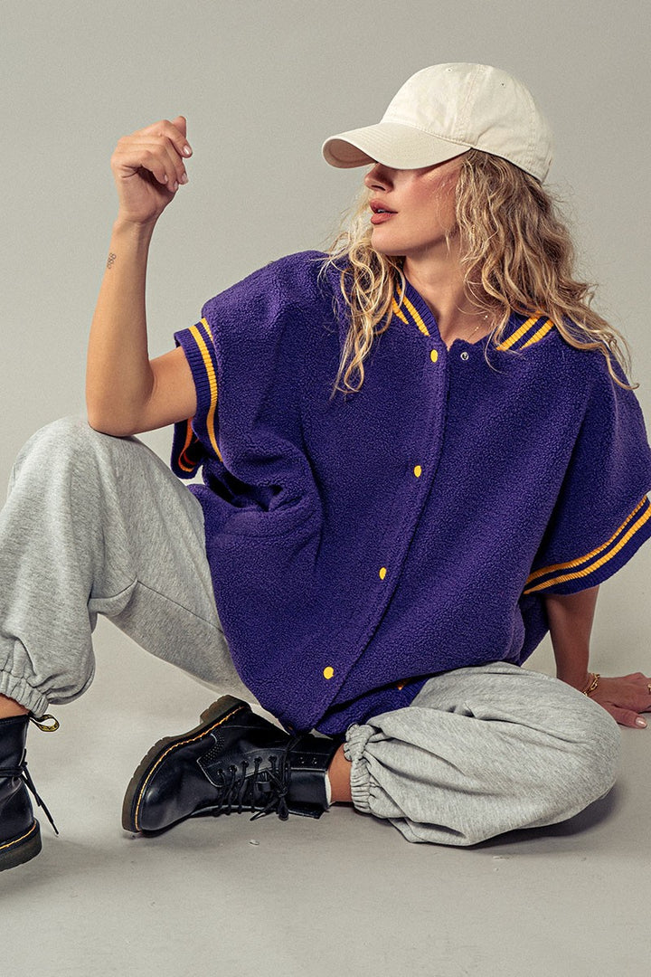 Fuzzy Varsity Vest in Purple - Women's Wholesale Vests | Trend Notes