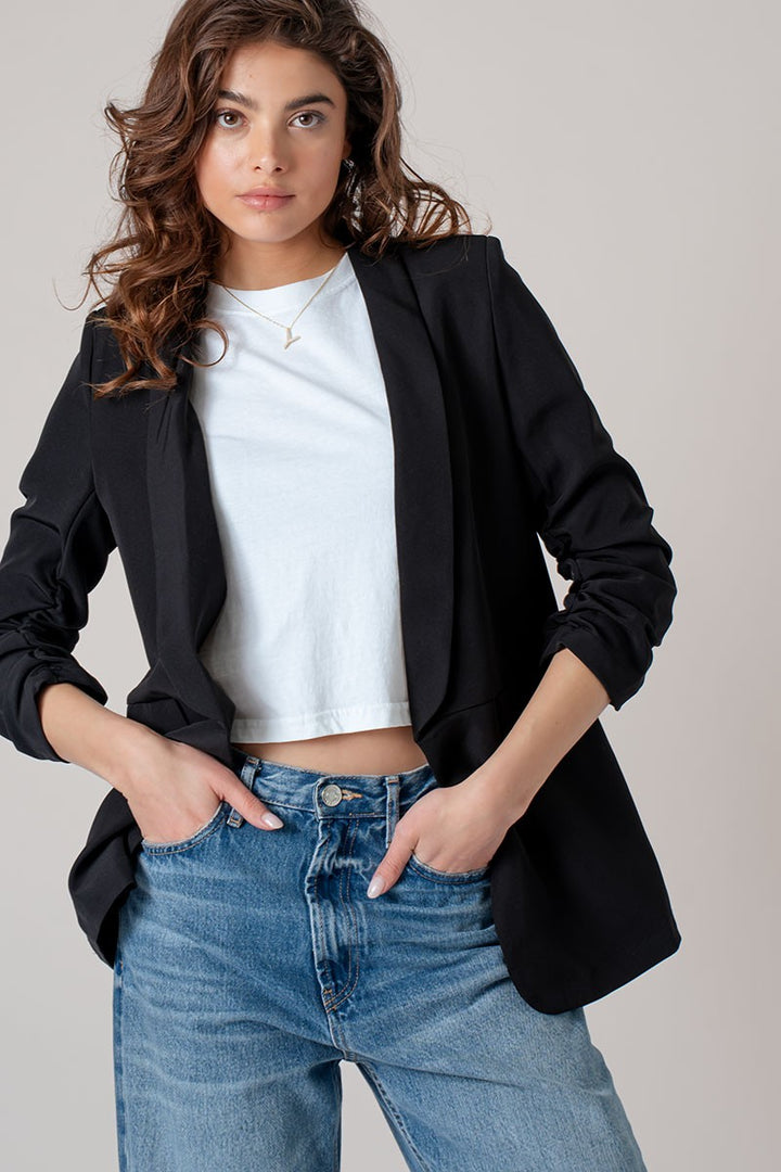 Bunched Sleeve Open Blazer in Black - Women's Wholesale Jackets & Blazers | Trend Notes