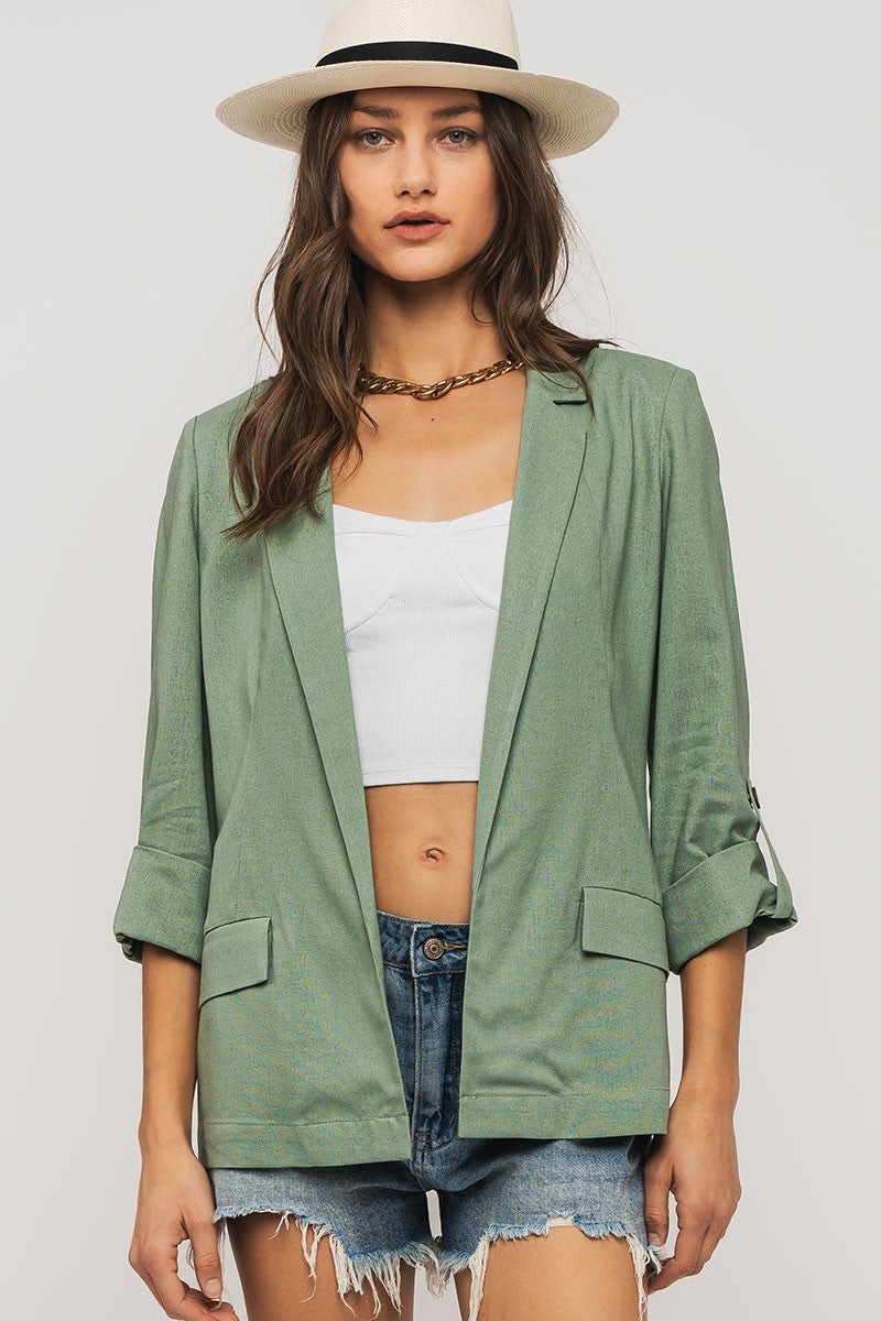 Linen Monochrome Sleeve Tab Blazer in Mint Green - Women's Wholesale Jackets & Blazers | Trend Notes