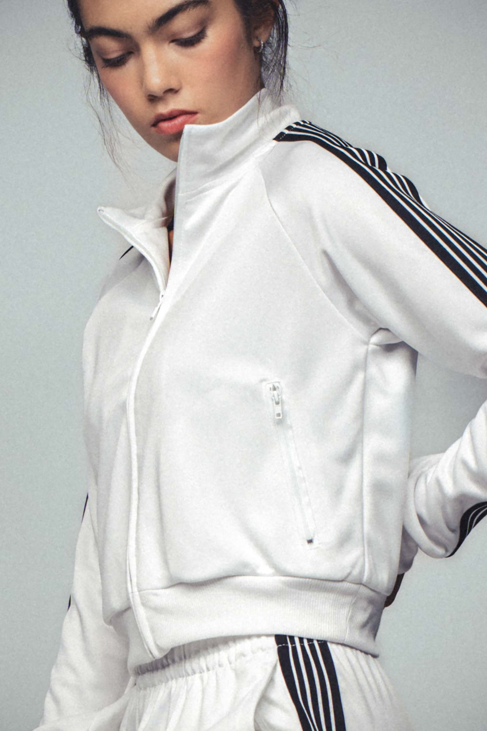 Classic Stripe Track Zip Up Jacket in White - Women's Wholesale Performance Jackets | Trend Notes