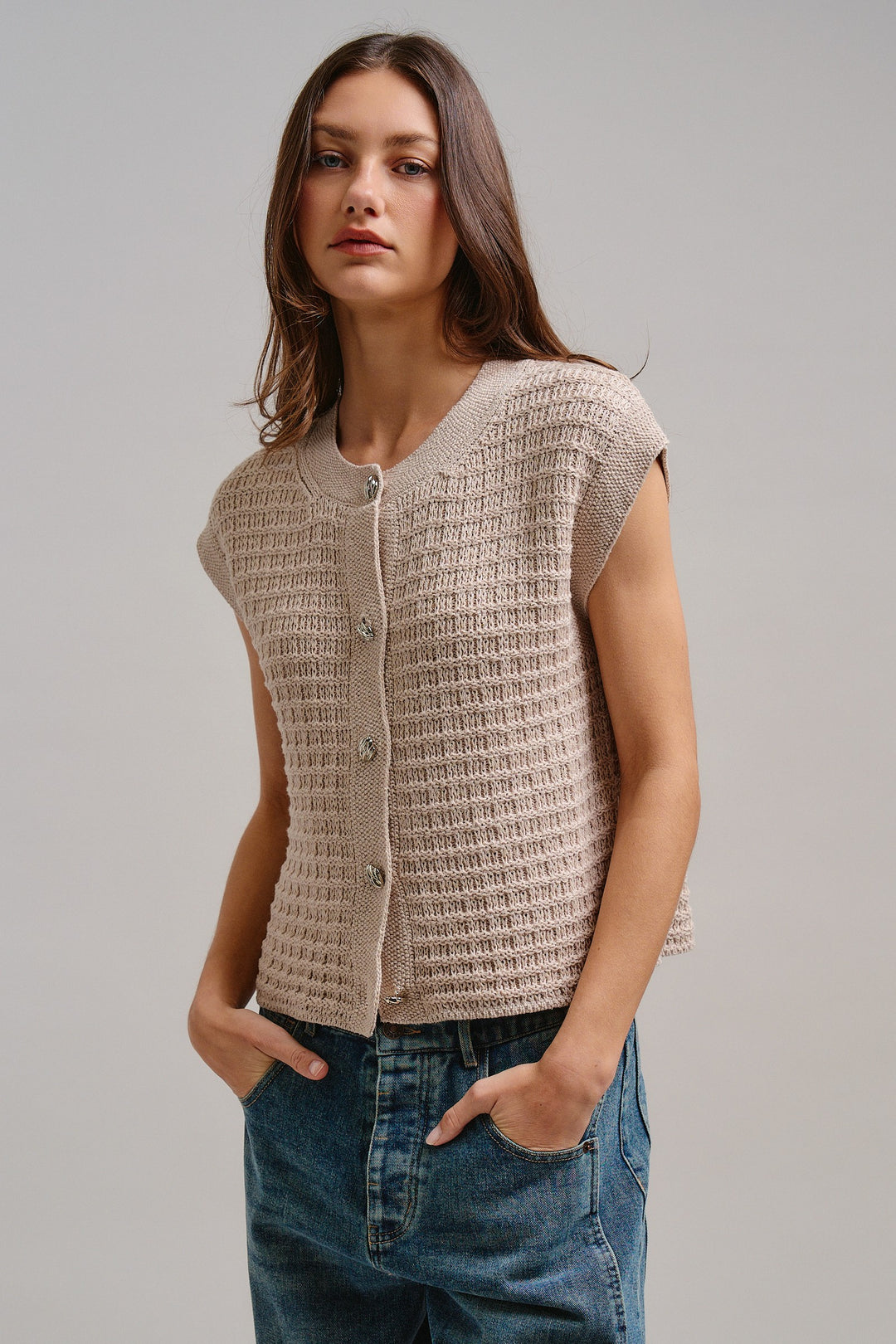 Timeless Knit Cardigan Vest in Lt Taupe - Women's Wholesale Jackets & Outerwear | Trend Notes