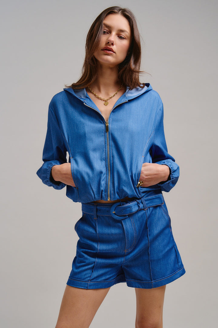 Chill Chambray Crop Jacket in Blue - Women's Wholesale Jackets & Outerwear | Trend Notes