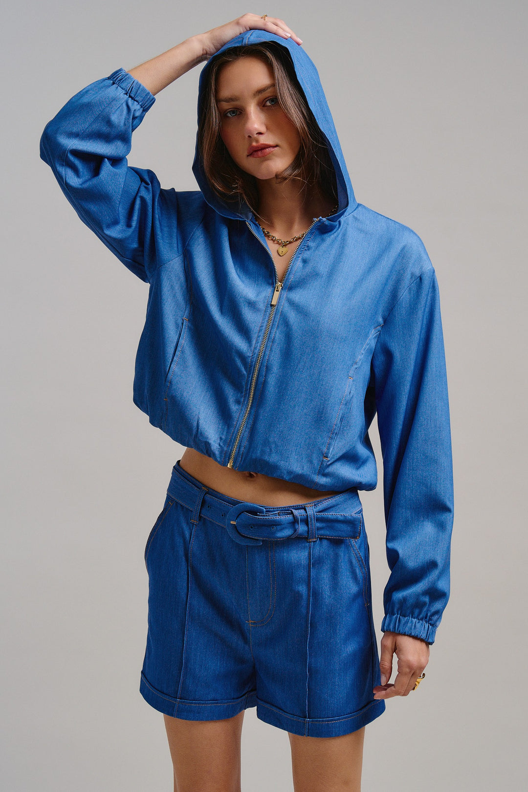 Chill Chambray Crop Jacket in Blue - Women's Wholesale Jackets & Outerwear | Trend Notes