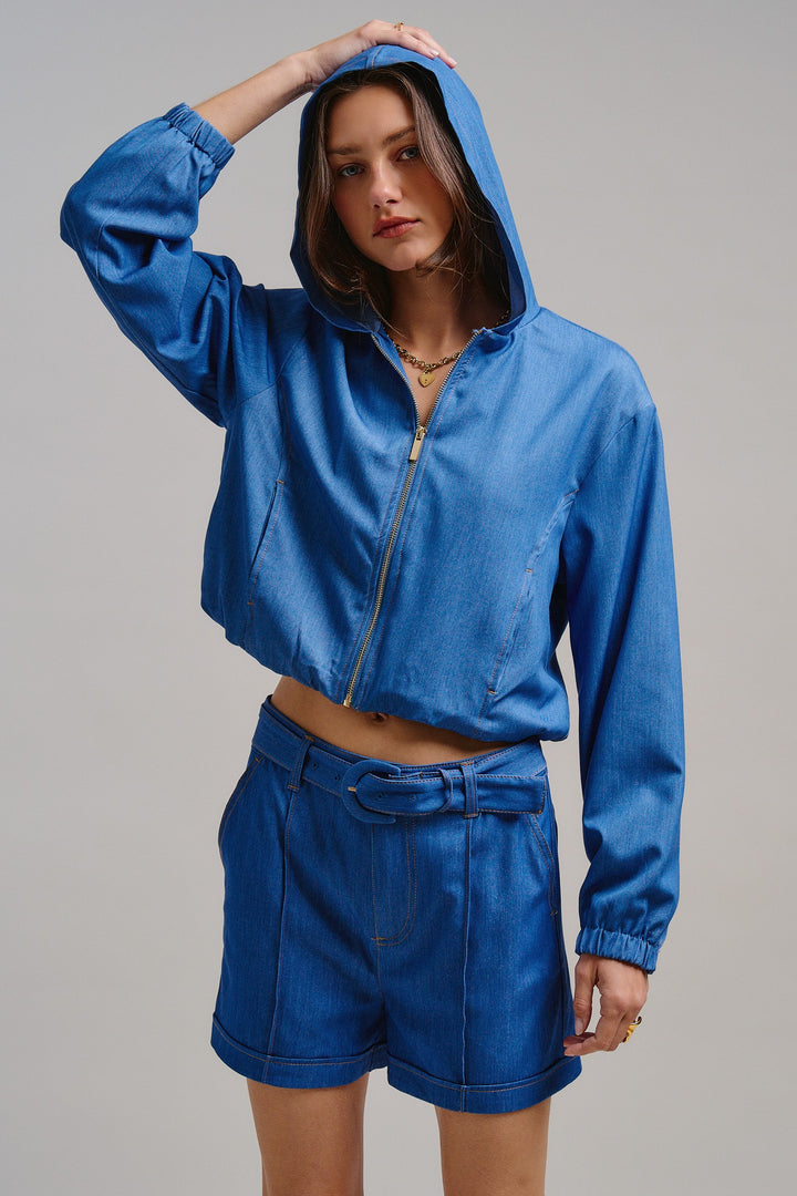 Chill Chambray Crop Jacket in Blue - Women's Wholesale Jackets & Outerwear | Trend Notes