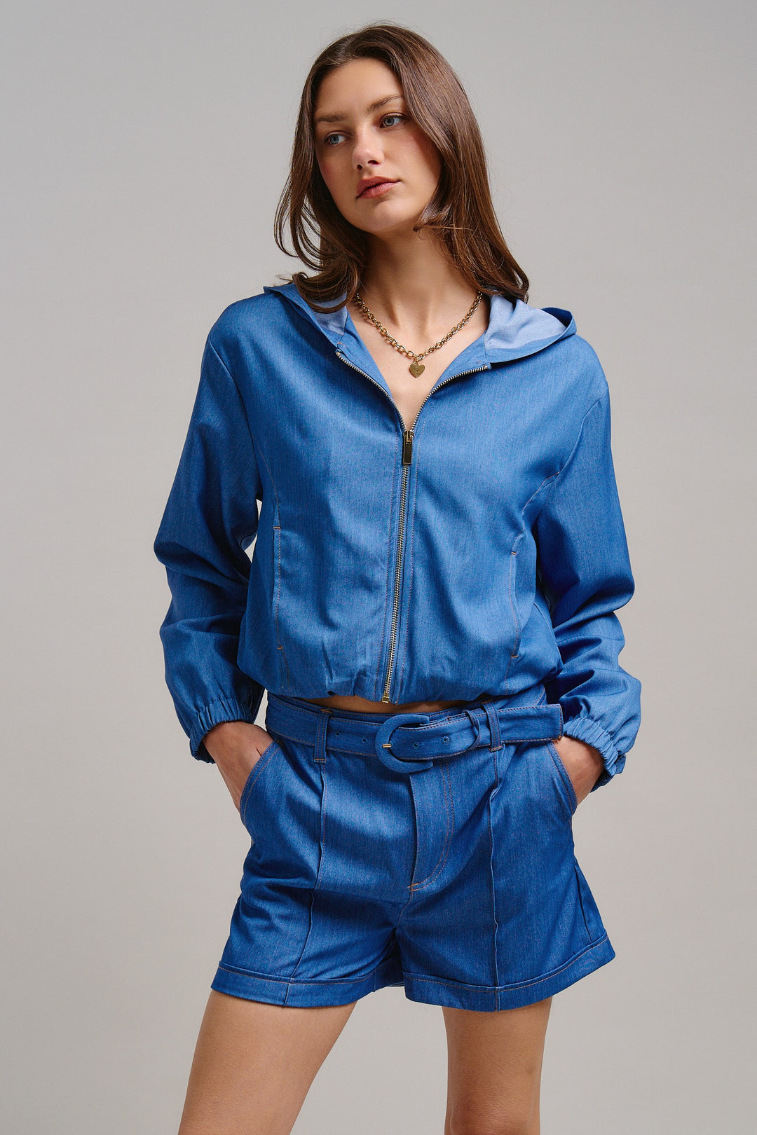 Chill Chambray Crop Jacket in Blue - Women's Wholesale Jackets & Outerwear | Trend Notes