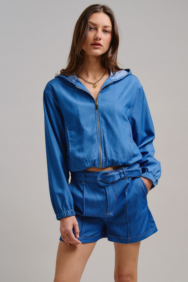 Chill Chambray Crop Jacket in Blue - Women's Wholesale Jackets & Outerwear | Trend Notes
