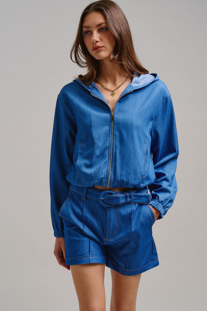 Chill Chambray Crop Jacket in Blue - Women's Wholesale Jackets & Outerwear | Trend Notes