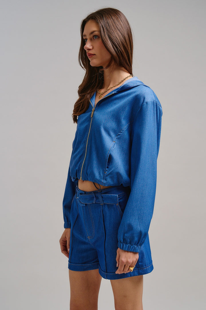 Chill Chambray Crop Jacket in Blue - Women's Wholesale Jackets & Outerwear | Trend Notes
