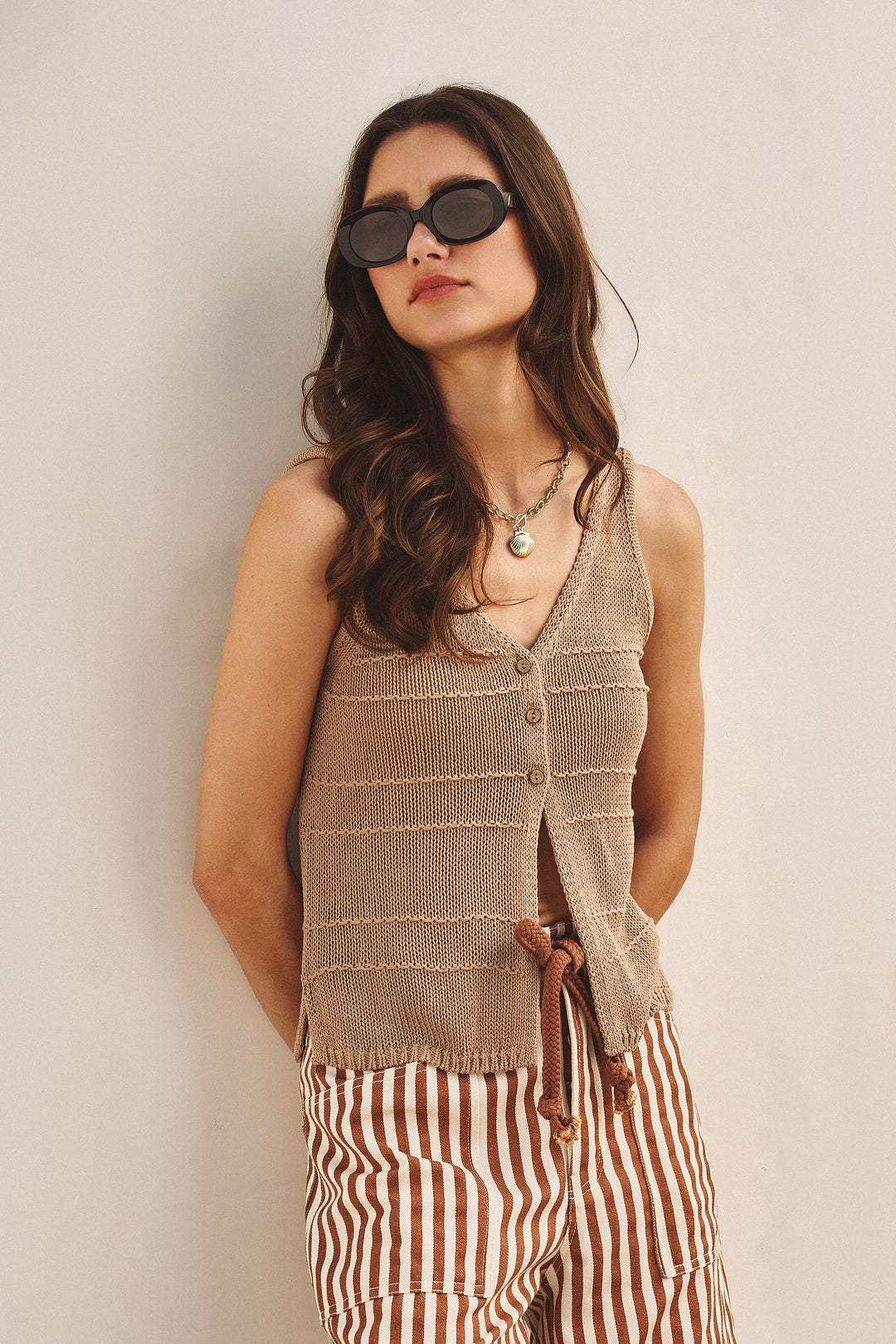 Sun-Soaked Breezy Knit Vest Top in Khaki - Women's Wholesale Jackets & Outerwear | Trend Notes
