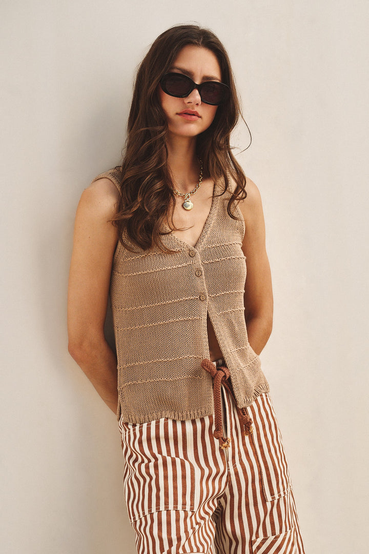 Sun-Soaked Breezy Knit Vest Top in Khaki - Women's Wholesale Jackets & Outerwear | Trend Notes