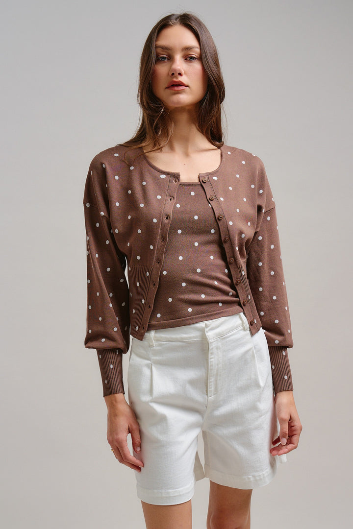 The Sweet Polka Dot Cardigan in Mocha - Women's Wholesale Jackets & Outerwear | Trend Notes