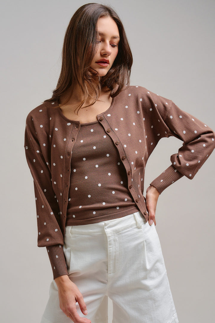 The Sweet Polka Dot Cardigan in Mocha - Women's Wholesale Jackets & Outerwear | Trend Notes