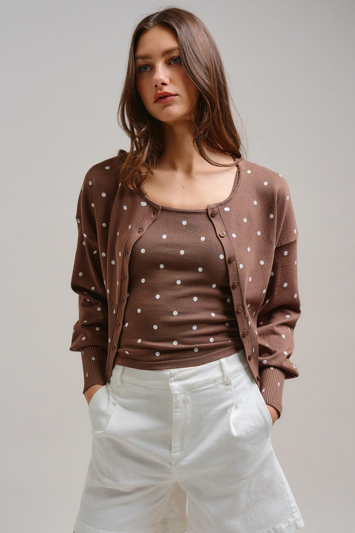 The Sweet Polka Dot Cardigan in Mocha - Women's Wholesale Jackets & Outerwear | Trend Notes