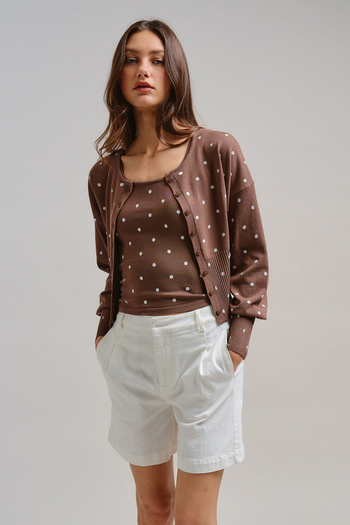 The Sweet Polka Dot Cardigan in Mocha - Women's Wholesale Jackets & Outerwear | Trend Notes