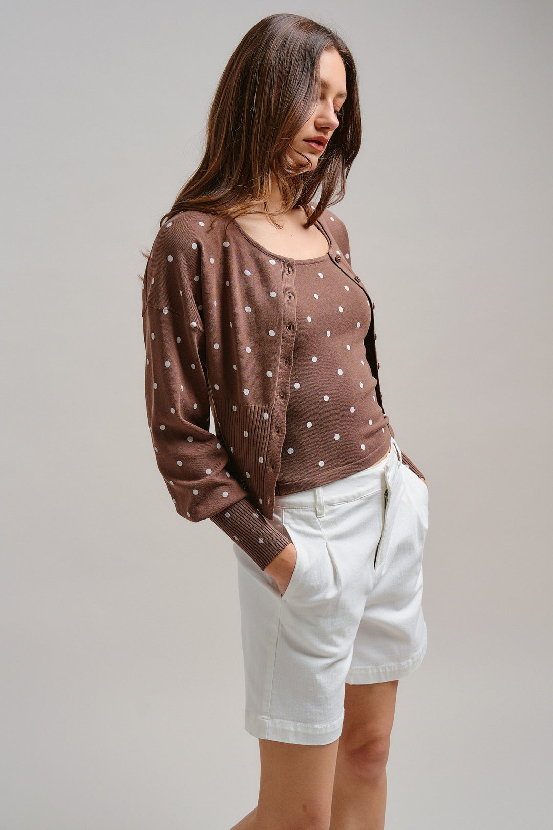 The Sweet Polka Dot Cardigan in Mocha - Women's Wholesale Jackets & Outerwear | Trend Notes