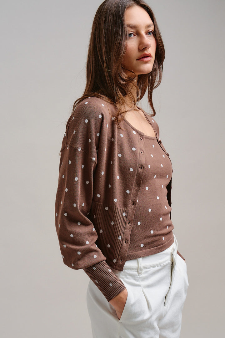 The Sweet Polka Dot Cardigan in Mocha - Women's Wholesale Jackets & Outerwear | Trend Notes