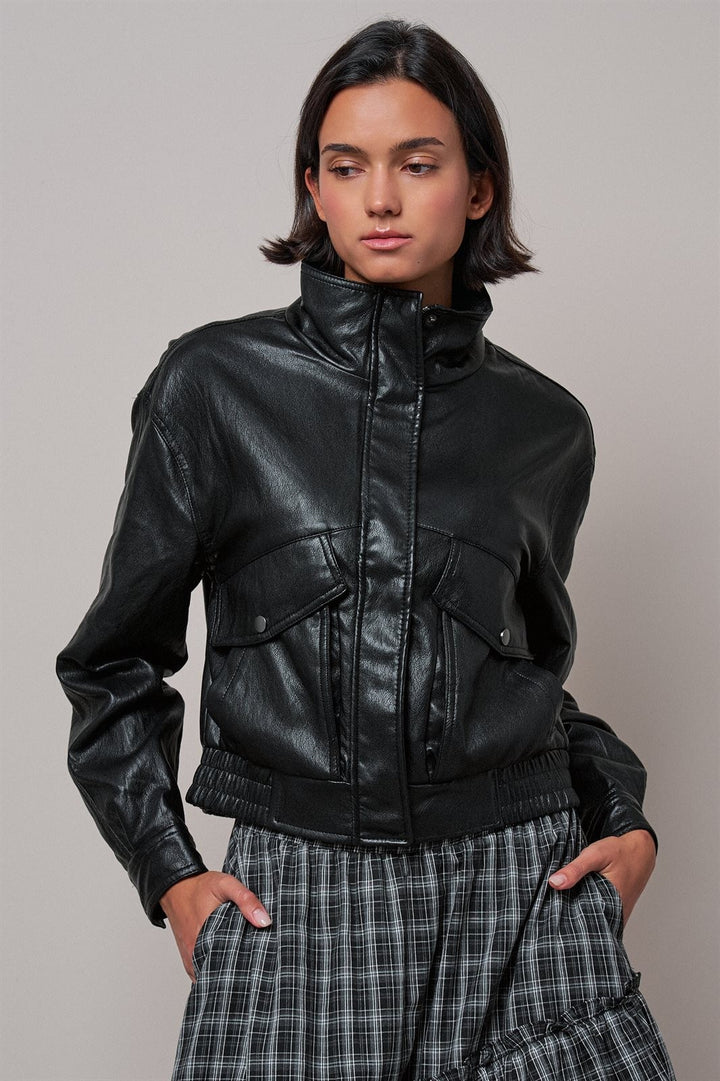 Fast Lane Faux Leather Bomber in Black - Women's Wholesale Jackets & Blazers | Trend Notes