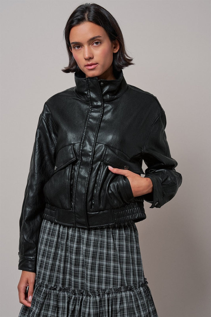 Fast Lane Faux Leather Bomber in Black - Women's Wholesale Jackets & Blazers | Trend Notes