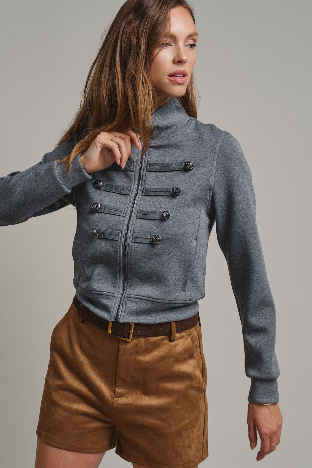 Cadet Charm Napoleon Zip Jacket in Dk H Grey - Women's Wholesale Jackets & Blazers | Trend Notes