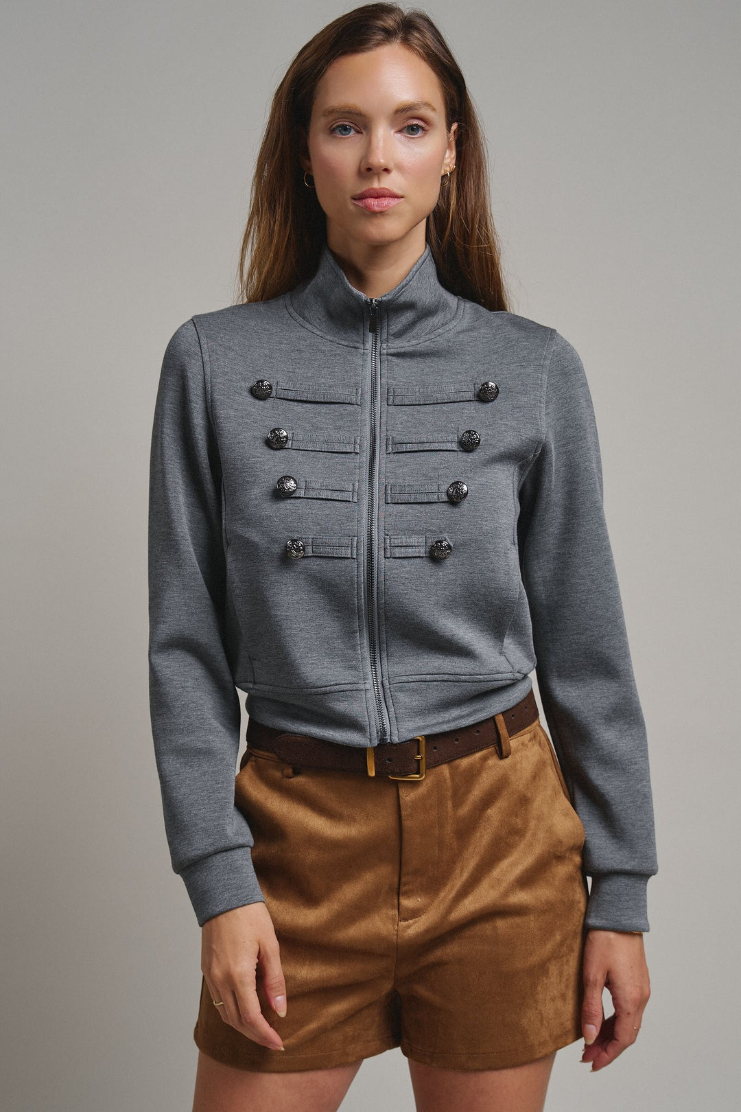 Cadet Charm Napoleon Zip Jacket in Dk H Grey - Women's Wholesale Jackets & Blazers | Trend Notes