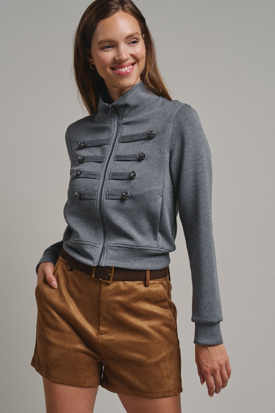 Cadet Charm Napoleon Zip Jacket in Dk H Grey - Women's Wholesale Jackets & Blazers | Trend Notes