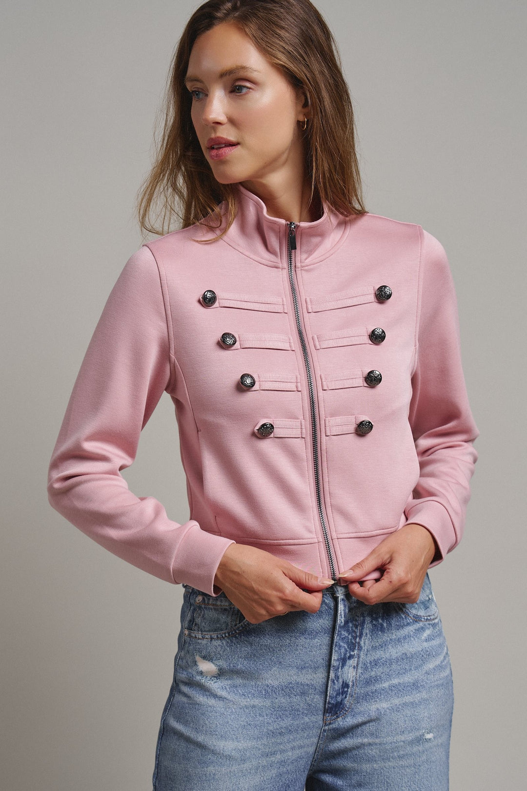 Cadet Charm Napoleon Zip Jacket in Pink Stone - Women's Wholesale Jackets & Blazers | Trend Notes