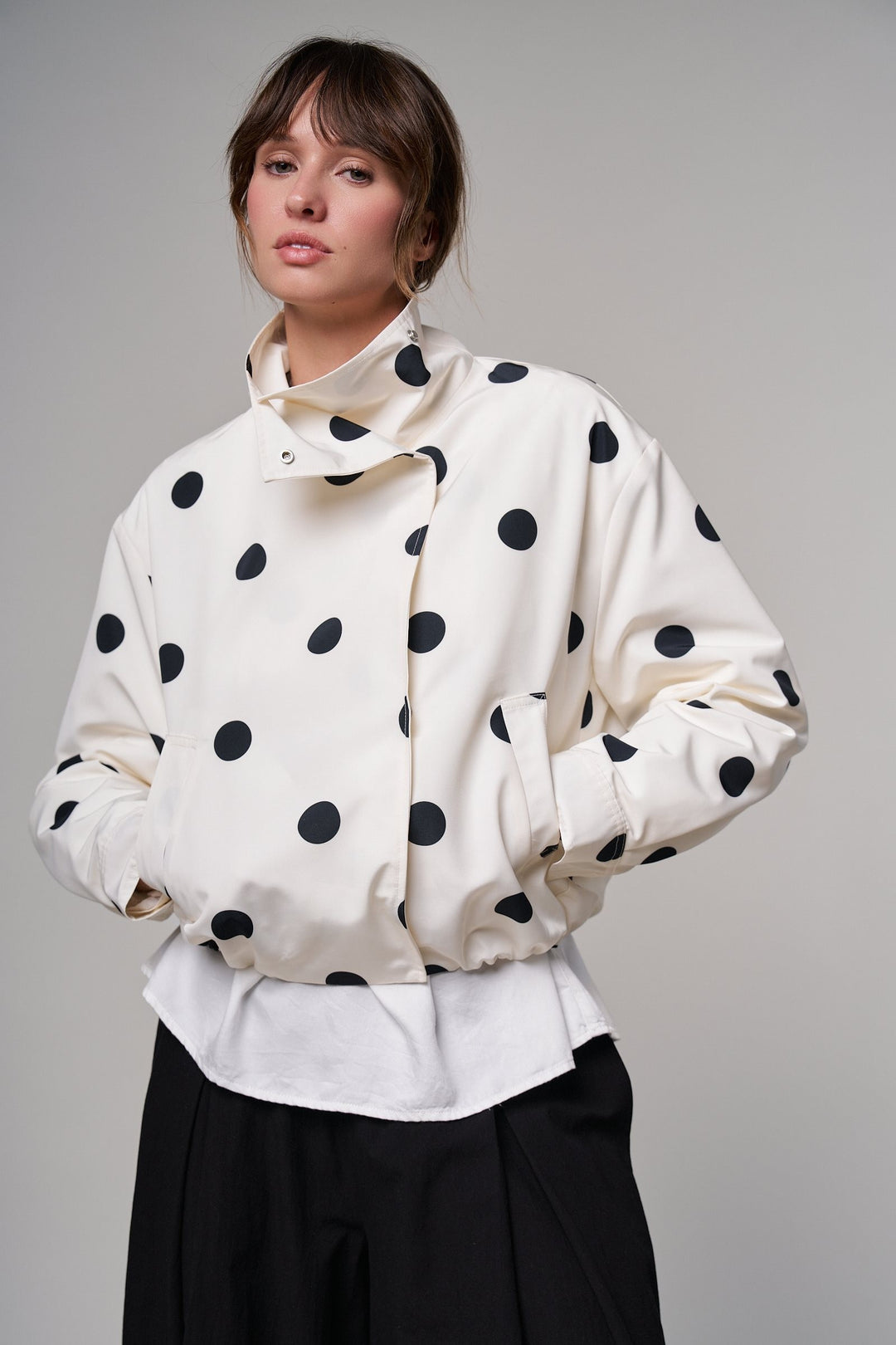 Spot On Polka Dot Bomber Jacket in White - Women's Wholesale Jackets & Blazers | Trend Notes