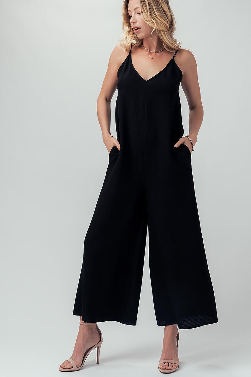 Solid Cami Wide Leg V-Neck Jumpsuit With Pockets in Black - Women's Wholesale Jumpsuits | Trend Notes