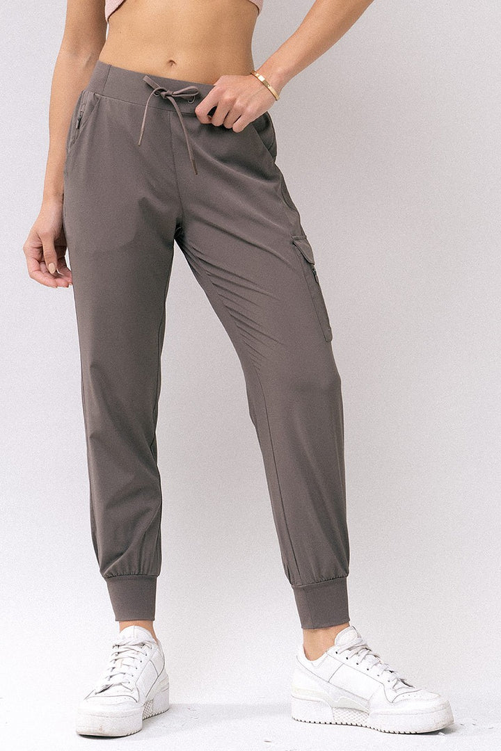 High-Waisted Cargo Jogger Pants w/Drawstring Waist in Cocoa - Women's Wholesale Sweatpants & Joggers | Trend Notes