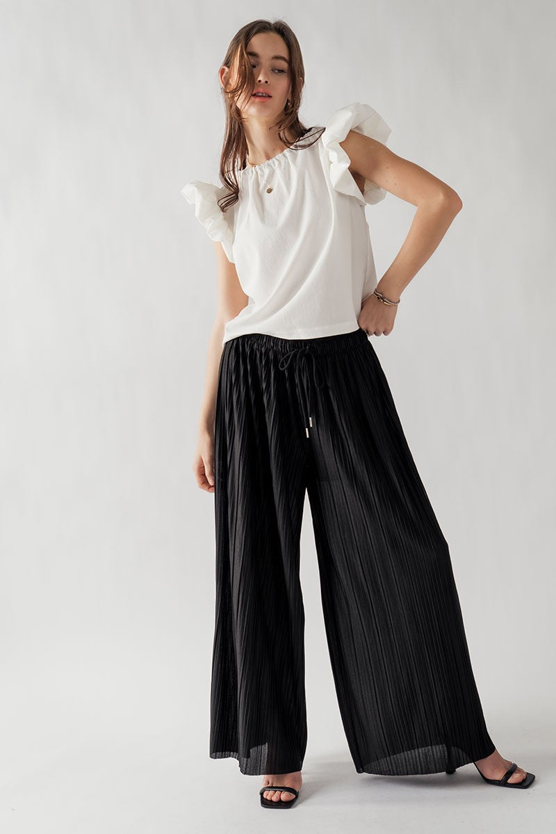 Pleated Wide-Leg Drawstring Waist Pants in Black - Women's Wholesale Casual Pants | Trend Notes