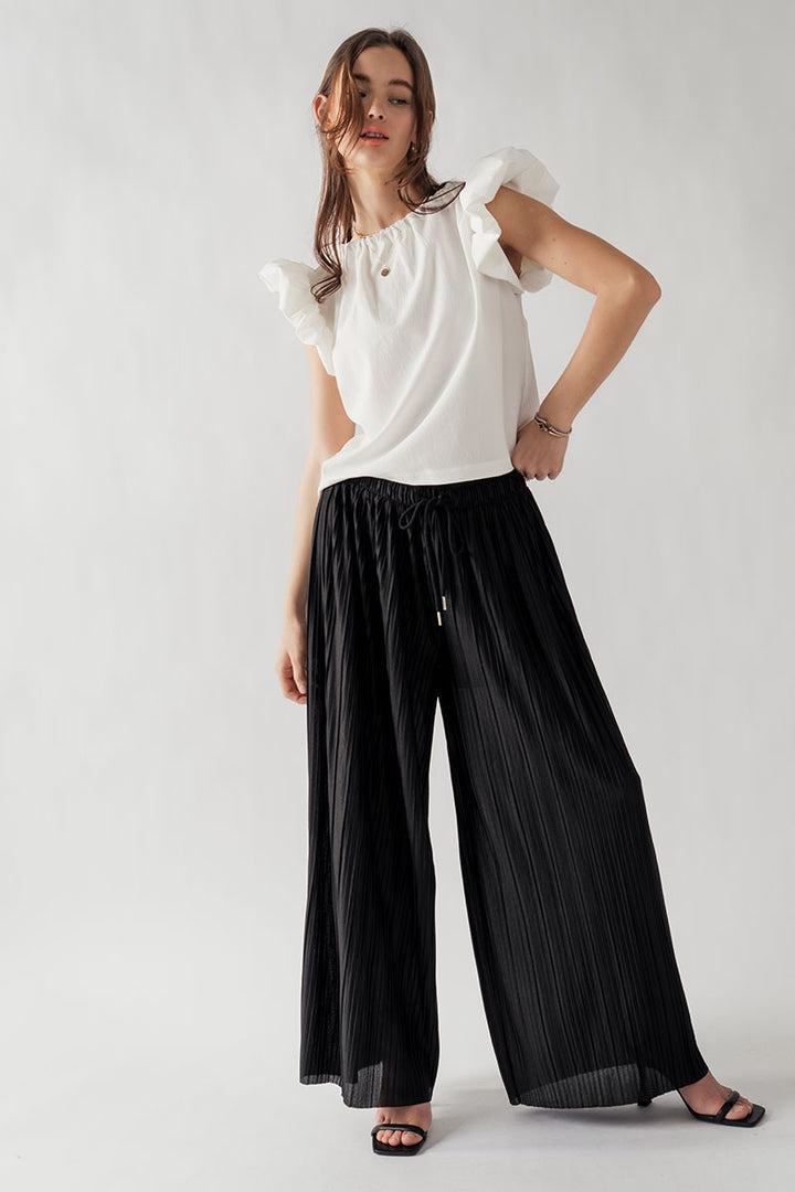 Pleated Wide-Leg Drawstring Waist Pants in Black - Women's Wholesale Casual Pants | Trend Notes