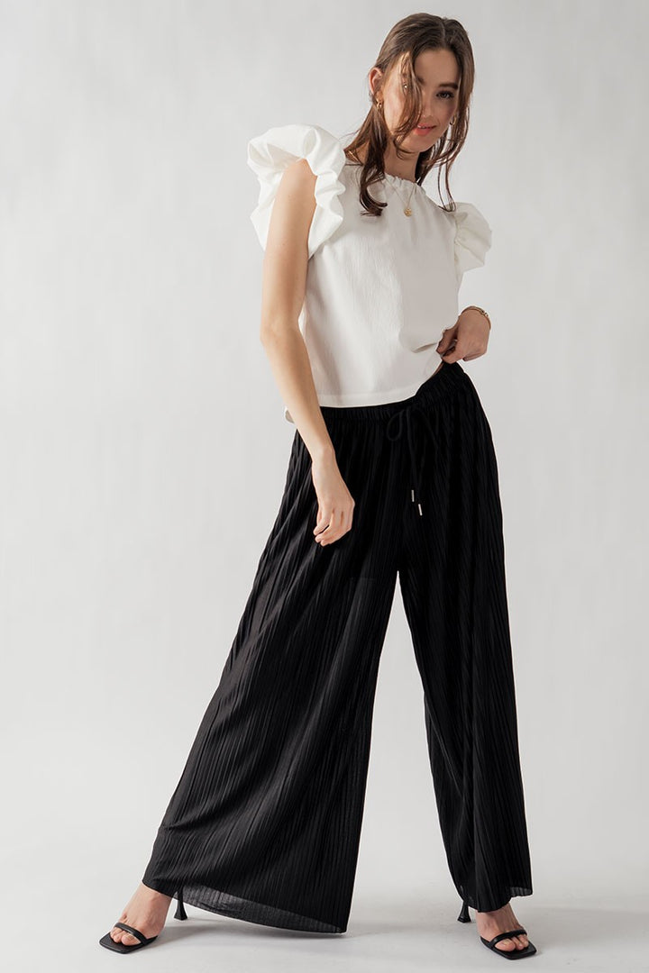 Pleated Wide-Leg Drawstring Waist Pants in Black - Women's Wholesale Casual Pants | Trend Notes
