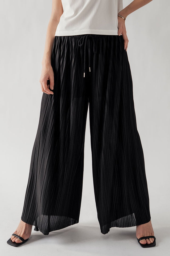 Pleated Wide-Leg Drawstring Waist Pants in Black - Women's Wholesale Casual Pants | Trend Notes