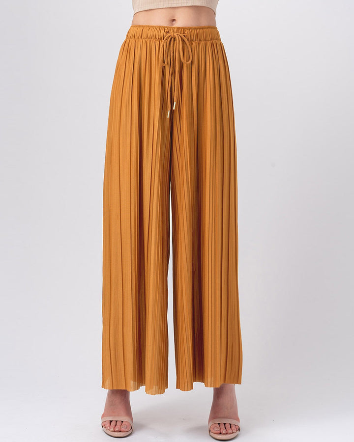 Pleated Wide-Leg Drawstring Waist Pants in Butter Orange - Women's Wholesale Casual Pants | Trend Notes