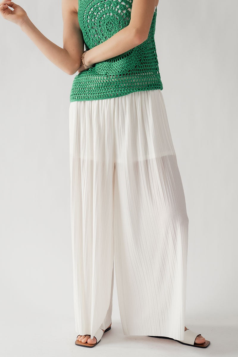 Pleated Wide-Leg Drawstring Waist Pants in Ivory - Women's Wholesale Casual Pants | Trend Notes
