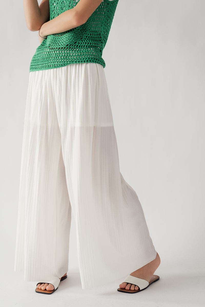 Pleated Wide-Leg Drawstring Waist Pants in Ivory - Women's Wholesale Casual Pants | Trend Notes