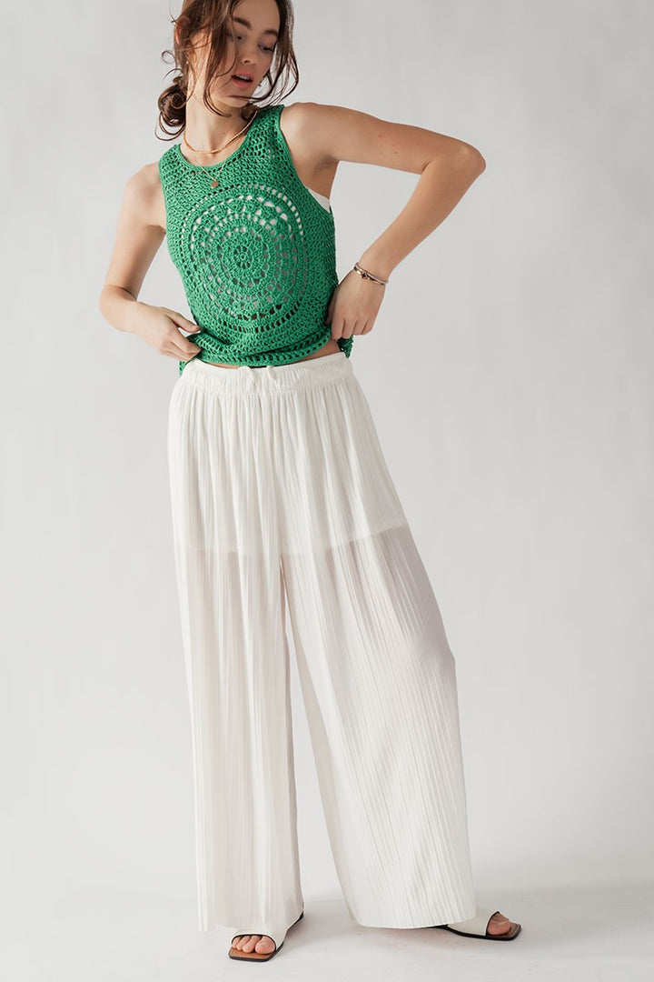 Pleated Wide-Leg Drawstring Waist Pants in Ivory - Women's Wholesale Casual Pants | Trend Notes