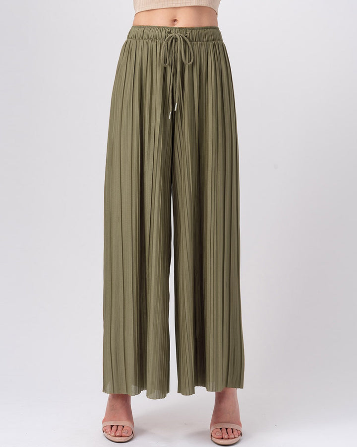 Pleated Wide-Leg Drawstring Waist Pants in Khaki - Women's Wholesale Casual Pants | Trend Notes