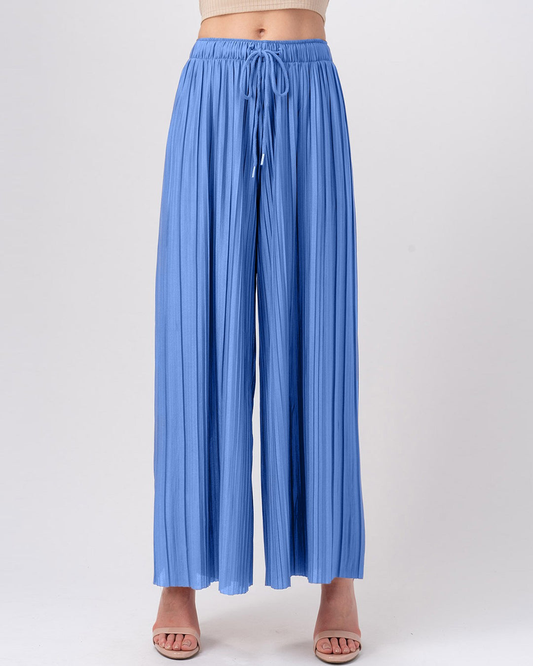 Pleated Wide-Leg Drawstring Waist Pants in Spring Blue - Women's Wholesale Casual Pants | Trend Notes
